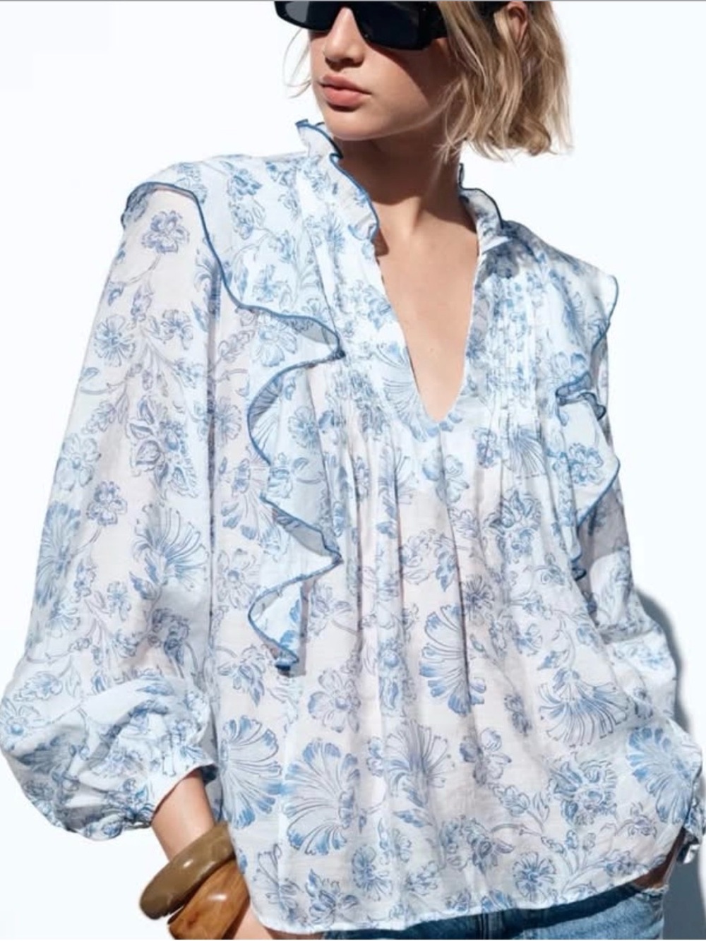 Zara Light Blue Floral Ruffle V-Neck Women's Top SZ SM